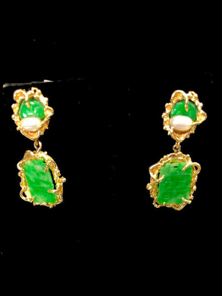 Carved Jade Clip on Dangle Earrings